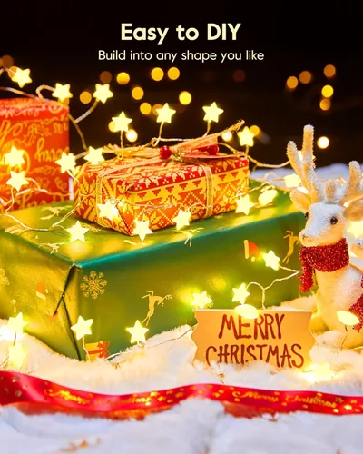 Vista 5 de Luces de hadas de estrellas a pilas, 5 pies, 40 LED, guirnalda de luces de petardo, impermeables, alambre plateado, luces de luciérnaga estrellada