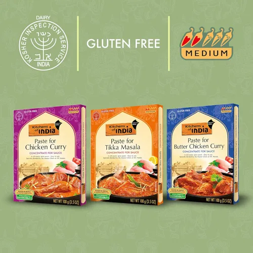 Vista 5 de Kitchens of India Combo de pasta de curry para pollo al curry con mantequilla, Tikka Masala y pollo al curry, pasta de curry fácil de usar sin