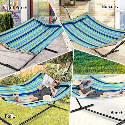 Vista 8 de Giantex Hamaca para acampar con barra separadora, almohada desmontable, cuerdas de algodón tejidas a mano, hamacas al aire libre para patio, patio