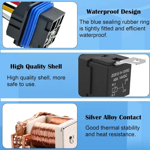 Vista 3 de Paquete de 2 relés y arnés impermeables de 4 pines 40 A 12 V CC, relé automotriz de 12 V resistente para bocinas, arrancadores, ventiladores