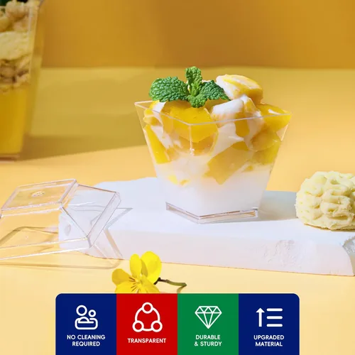 Vista 3 de JOLLY CHEF Paquete de 100 mini tazas de postre de 2 onzas con cucharas y tapas, taza cuadrada alta de plástico transparente para aperitivos