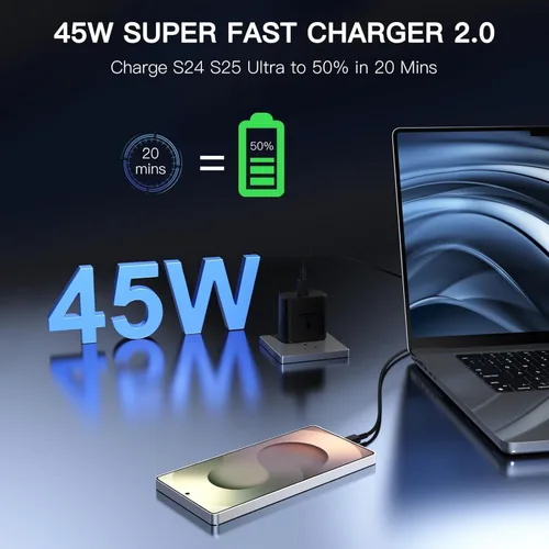 Vista 2 de Bloque de carga súper rápido Samsung de 45 W, paquete de 2 bloques de carga rápida tipo C con cable de carga USB C de 3 pies compatible con Samsung