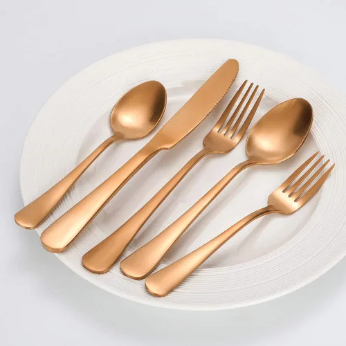 Vista 7 de Juego de cubiertos de oro rosa mate, 20 piezas de acero inoxidable mate oro rosa, juego de cubiertos de servicio para 4, utensilios para cocina