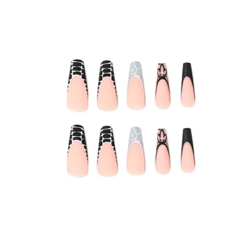 Vista 3 de Uñas postizas francesas largas a presión, uñas postizas mate, uñas postizas de ataúd, uñas acrílicas con graffiti negro, para mujeres y niñas, 24
