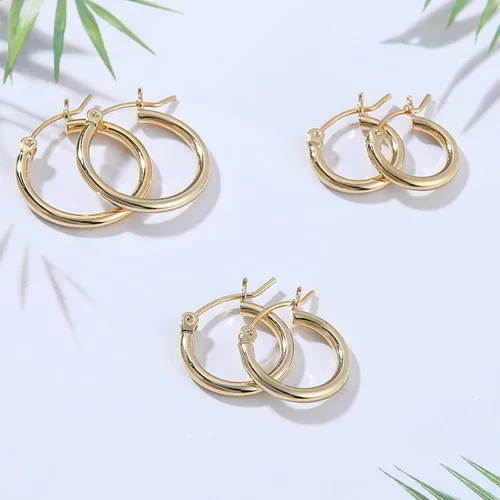 Vista 7 de Aretes de aro de oro para mujer chapados en oro real de 14 quilates con poste de plata de ley 925 Dorado