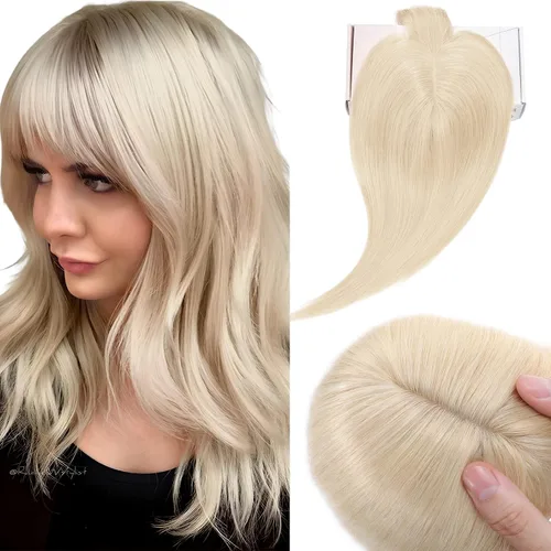 Vista 14 de Elailite Pelucas para mujeres con flequillo, cabello humano real, topper con cabello delgado, 13 cm x 7 cm, base de seda, clip en piezas de cabello