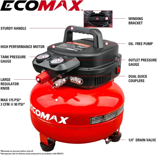 Vista 2 de Compresor de aire, Compresor de aire panqueque de 6 galones, MÁX 175PSI, Compresor para herramientas de aire con kit de 10 piezas de accesorios