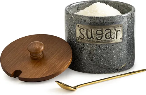 Vista 10 de LYEOBOH Azucarero de 15 onzas, recipiente para azúcar, contenedor rústico para azúcar con tapa de madera y cuchara para barra de café, apto