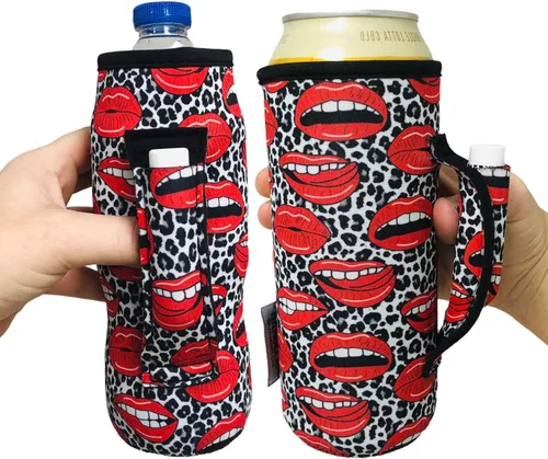 Vista 4 de Drink Handler - Funda de neopreno para botella, 16 y 24 onzas, con aislamiento para caminar, correr, ciclismo, resistente al agua, leopardo negro