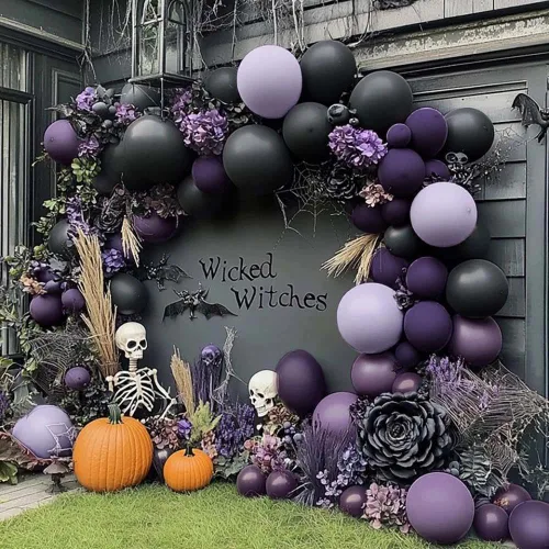 Kit de arco de globos negros y morados, guirnalda de globos de doble relleno morado oscuro negro para Halloween, fantasma, bruja, cumpleaños, baby