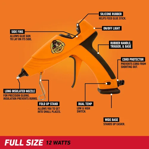 Vista 3 de Kit de pistola de pegamento caliente Gorilla (paquete de 1 pistola de pegamento caliente de tamaño completo y 45 barras) - Doble temperatura