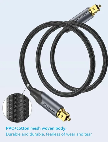 Vista 4 de VENTION TOSLINK - Cable de audio óptico, cable de fibra óptica trenzado de nailon de 3.3 pies, cable óptico de audio digital S/PDIF para barra