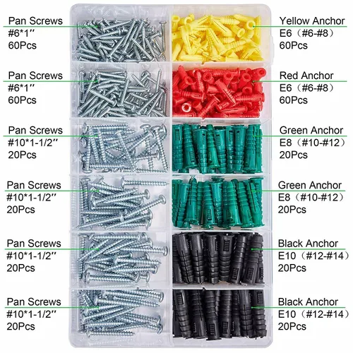 T.K.Excellent Kit de anclajes y tornillos de plástico para paneles de yeso, juego de tornillos surtidos de anclajes acanalados, kit de anclaje de