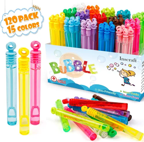 Inscraft Varita de burbujas, paquete de 120 mini varitas de burbujas a granel de 15 colores para Halloween, juguetes de verano, boda, uso de 120