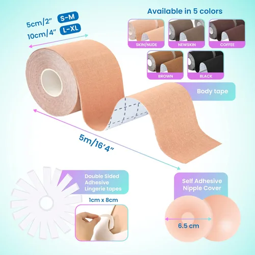 Vista 3 de Cinta de senos boobytape para levantamiento de senos con 4 piezas de brasier adhesivo de silicona, 36 cintas de moda, cinta corporal, cinta