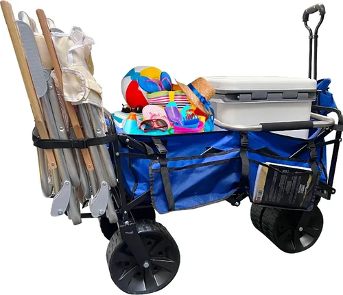 Carro de playa plegable con ruedas de arena grandes, carrito plegable resistente con soporte para silla de playa pendiente de patente, ideal para