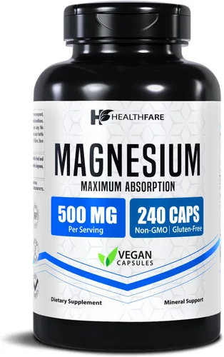 HealthFare Magnesio 500mg | 240 cápsulas veganas | Suplemento mineral esencial extra fuerte | Fórmula de alta absorción | Sin OMG, sin gluten |