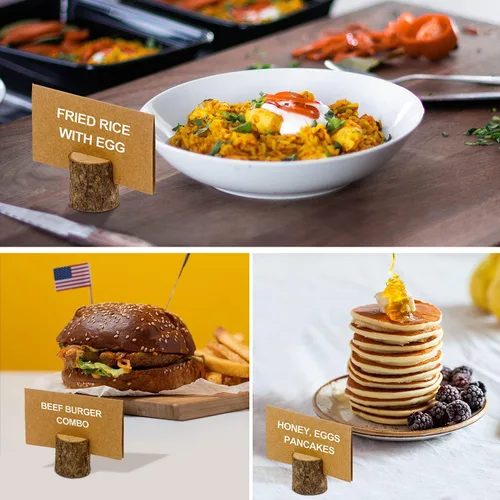 Vista 7 de Tarjeteros de madera, 30 soportes de madera rústica para números de mesa y 50 tarjetas de lugar de papel Kraft, soporte de madera para fotos