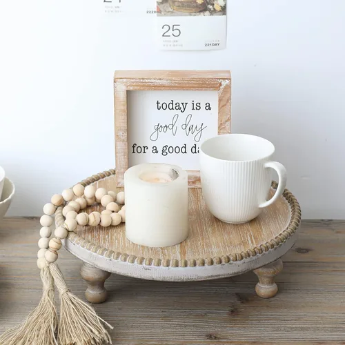 Vista 9 de SwallowLiving Soporte de Pie de Bandeja Redonda Blanca Rústica de Madera con Borde de Cuentas Estilo Granja con Acabado Blanco Lavado