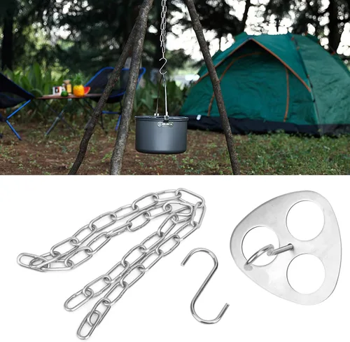 Vista 7 de Parrilla de trípode para fogata, trípode de campamento, portátil, de acero inoxidable, para colgar en macetas, juego de comedor al aire libre