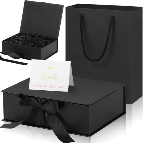 Zonon Caja de regalo de lujo negra con tapa y cinta, bolsa de regalo de 9 x 7 x 3 pulgadas, con tarjeta de felicitación, papel de seda para