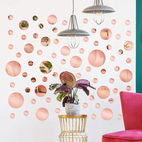 Vista 2 de 60 calcomanías de pared de espejo acrílico, calcomanías redondas adhesivas para el hogar, baño, dormitorio, espejo de oro rosa, papel tapiz
