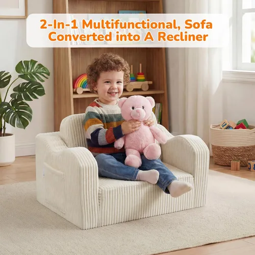 Vista 5 de MeMoreCool Silla Infantil 2 en 1, Sofá Cama Plegable para Niños, Beige (Edades 1-3) – Silla de Terciopelo que se Extiende a Sofá-Cama Espuma