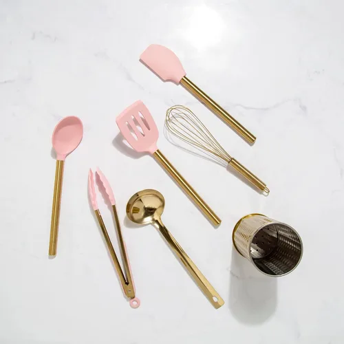 Vista 9 de Paris Hilton Juego de herramientas de cocina con recipiente para utensilios con utensilios de cocina de silicona, batidor y cucharón de acero