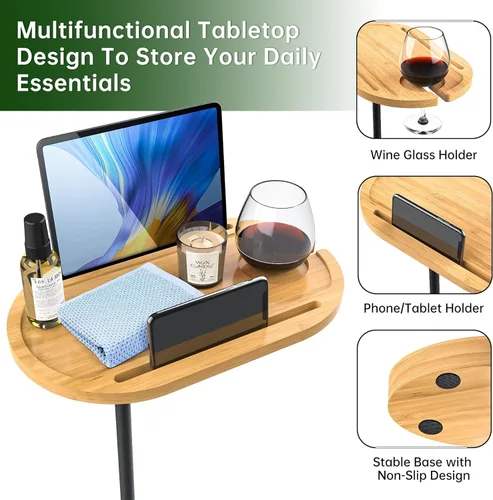 Vista 5 de NiHome Mesa giratoria de bambú para reposabrazos para sofá con base estable gruesa, mesa auxiliar de bandeja de TV de altura ajustable con rotación
