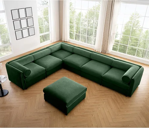 Sofás seccionales grandes para sala de estar, sofá esquinero con sofá modular de felpilla de almacenamiento, respaldo cilíndrico y reposabrazos, 6