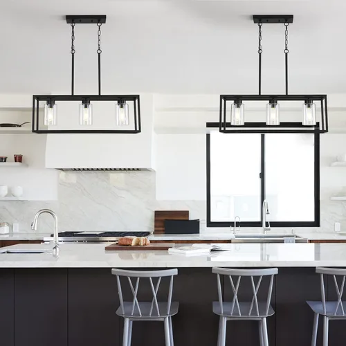 Vista 3 de Lámpara de comedor negra de 3 luces, candelabros modernos de granja, iluminación rectangular lineal para isla de cocina, iluminación colgante