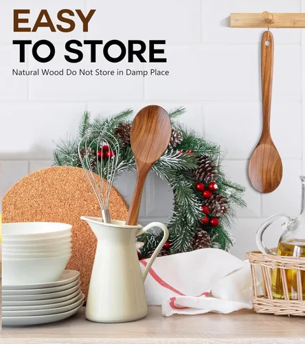 Vista 6 de Cucharas de Madera para Cocinar, Cucharas de Madera de Teca Natural Premium, Cucharas de Cocina Grandes de Buen Agarre y Espátula de Madera