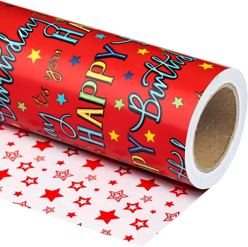 WRAPAHOLIC - Papel de regalo reversible para cumpleaños - Mini rollo - 17 pulgadas X 33 pies - Diseño de letras "Feliz cumpleaños a ti" en rojo para