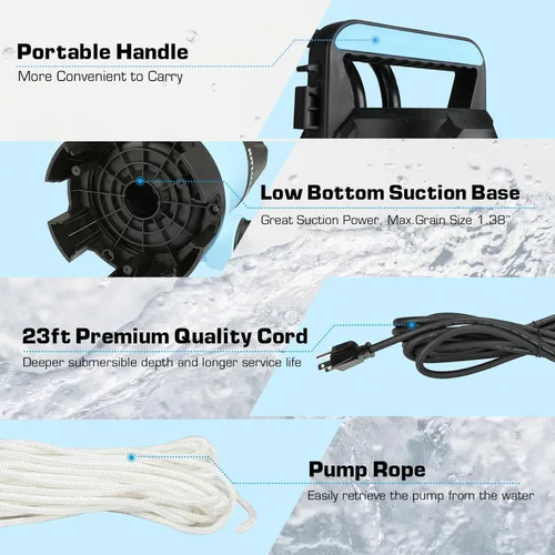 Vista 6 de KITLUCK Bomba de sumidero, bomba de agua sumergible de 1-1/4 HP 4500 GPH con interruptor de flotador, cable de alimentación de 23 pies, mango