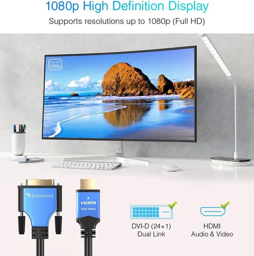 Vista 2 de BlueRigger Cable HDMI a DVI de 3 pies (adaptador bidireccional de alta velocidad macho a macho, DVI-D 24+1, 1080p, carcasa de aluminio), compatible