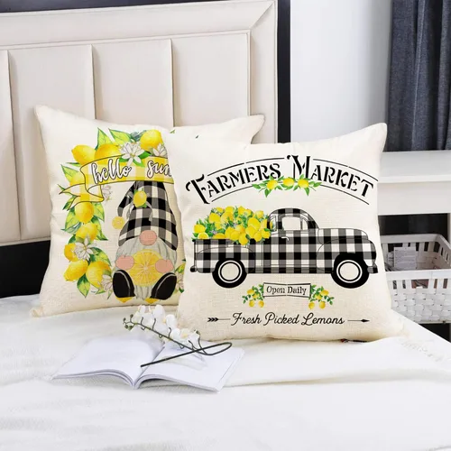 Vista 4 de Hexagram Lemon Farmhouse - Juego de 4 fundas de almohada de verano de 16 x 16 pulgadas, fundas de almohada de lino a cuadros de búfflao, diseño