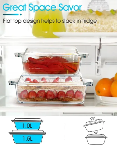 Vista 43 de NUTRIUPS Cacerola Rectangular de Vidrio con Tapa - Utensilios de Horno Aptos para Microondas de Vidrio (1.5L+2L)