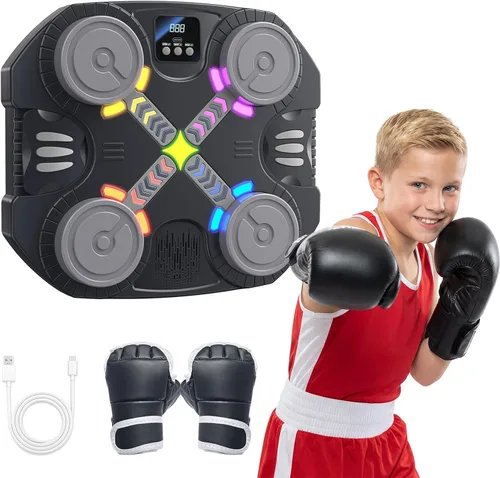 Music Boxing Machine for Kids, 2 3 4 5 6 7 8 Year Old Boy Birthday Gift, Wall Mounted Punching Target with LED Lights & Boxing Gloves, Fun Fitness