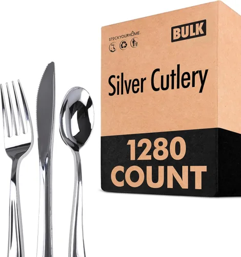 Vista 11 de Juego de cubiertos de plástico resistente (plateado) de 75 piezas, juego de cubiertos desechables, ideal para fiestas, bodas y catering, cubiertos