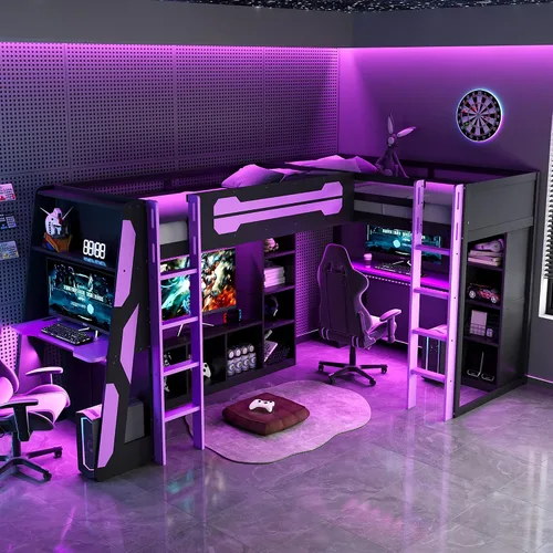 Vista 11 de Gaming L-Shaped Twin Bed RGB LED USB，Blue-V：Twin