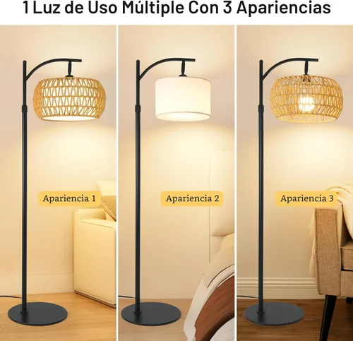 Vista 3 de Lámpara de pie de ratán boho con pantalla – Lámpara LED regulable brillante de 12 W, control remoto con 3 temperaturas de color, lámpara de pie