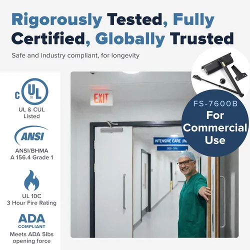 Vista 2 de Cierrapuertas comercial – Cierrapuertas automático de grado 1 resistente para uso comercial – Bisagra de resorte hidráulico automático – FS-7600B UL