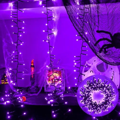 Guirnalda de 400 luces LED moradas de Halloween, 19.7 pies, 8 modos, impermeable, para interiores y exteriores, Halloween, Navidad, guirnalda de