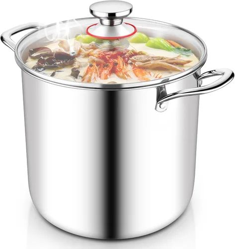 Vista 9 de TeamFar Olla de 8 cuartos de galón, olla de cocina de pasta de acero inoxidable de tres capas con tapa de vidrio, para estufas de cerámica de gas