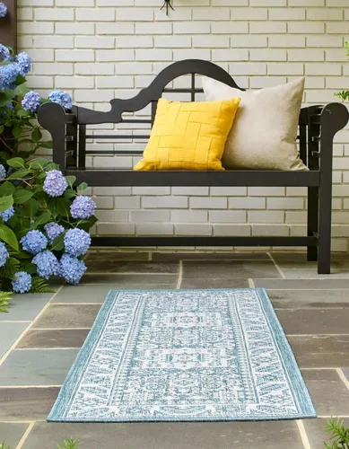 Vista 242 de Unique Loom Outdoor Aztec Collection Alfombra de área - Chalca (10 pies, redonda, azul/marfil)