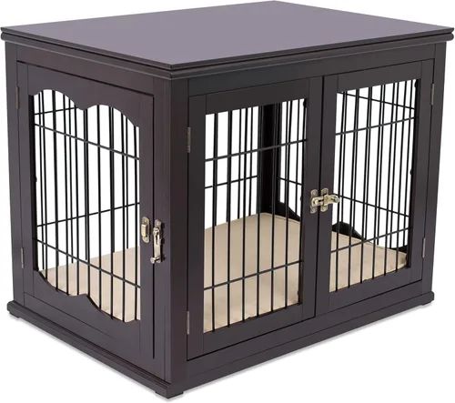 Vista 7 de INTERNET'S BEST Perrera decorativa para perros con cama para mascotas, casa pequeña para mascotas, jaula interior de doble puerta, muebles de madera