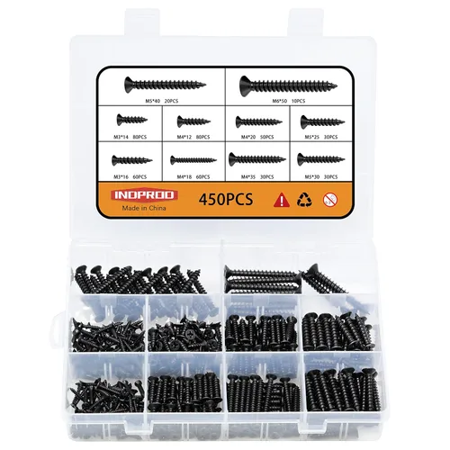 Vista 9 de Juego surtido de 450 tornillos de madera negros M3 M4 M5, tornillos autorroscantes de acero al carbono de alta dureza, kit de tornillos de cabeza