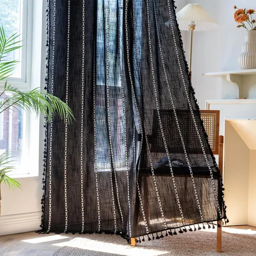 Vista 67 de Deeprove Cenefa de Cortina Boho Aqua de 18 Pulgadas de Largo, Celosía Bohemia Verde Azulado Cuadros Vichy con Textura Bordada, Borlas Vintage