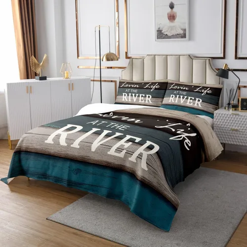 Vista 2 de Juego de colcha de río, tamaño Queen para niños, niñas, juego de edredón rústico de granja con diseño de lago y vida, colcha de paneles de madera