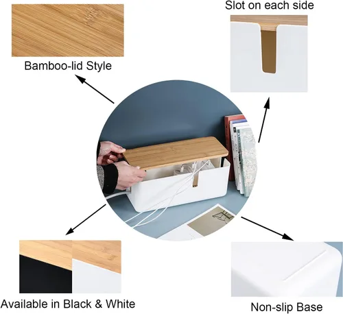 Vista 6 de Changsuo Caja de organización de cables con tapa de bambú, pequeña caja organizadora de cables para cable de extensión, protector de sobretensiones